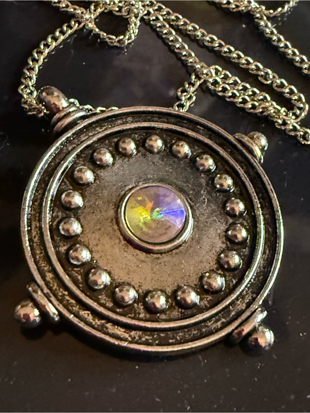 Vintage-Inspired Silver Tone Medallion Necklace with Iridescent Center